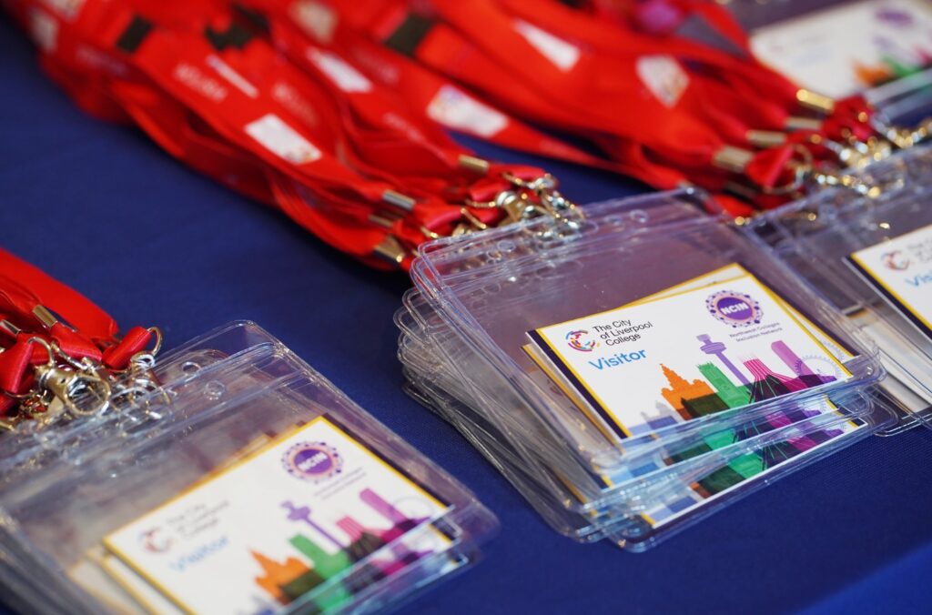 Visitor badges displaying the NCIN logo and City College Liverpool Logo
