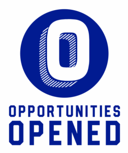 White letter 'O' on a blue background. Text underneath reads 'Opportunities Opened'