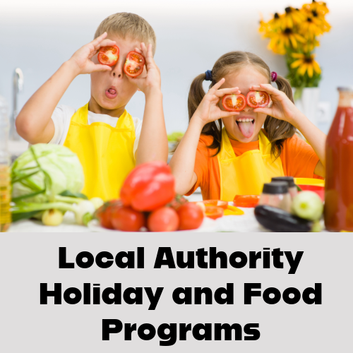 A boy and a girl holding peppers to cover their eyes and pulling silly faces. Text reads 'Local Authority HOlidays and Food Programs'.