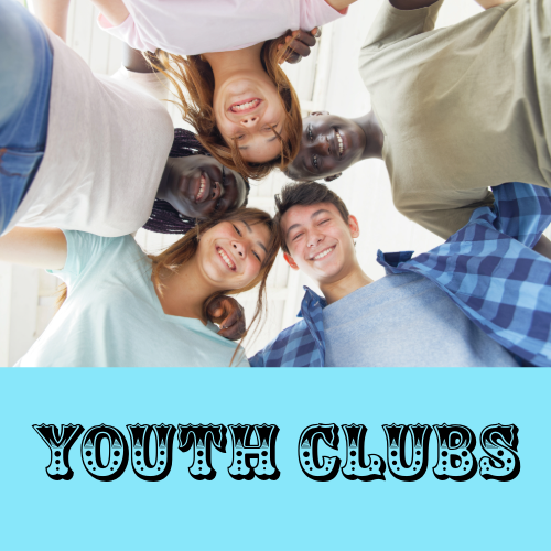 Group of teenagers wearing t-shirts looking down teh camera from above. Text reads' Youth Clubs'