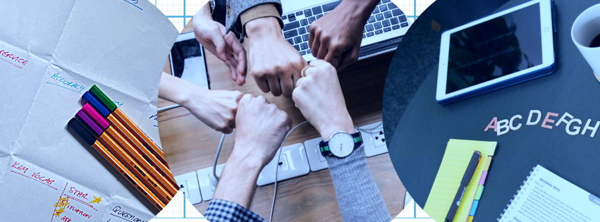 Image shows pends and paper, people 's hands fist-bumping, wooden letters and an ipad.