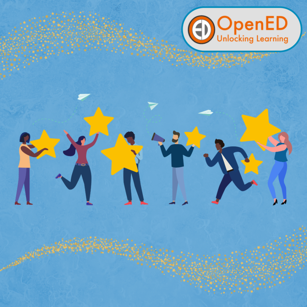 Blue background with gold star banner. 6 people are holding gold stars.