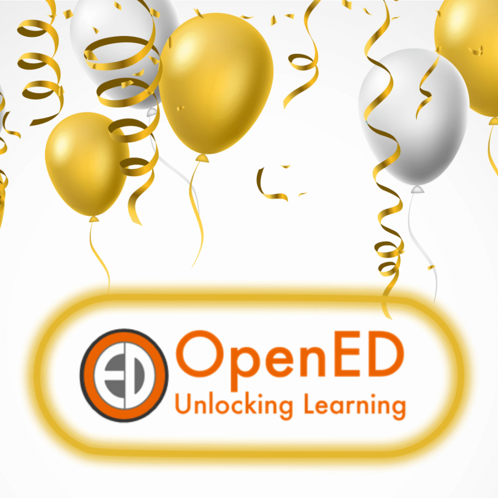 Gold and silver balloons and confetti are in the background. The OpenED Logo is shown in a glowing golden border