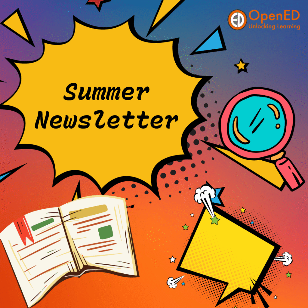 Purple and orange background with a yellow splash reading Summer Newsletter. There is a book, magnifying glass and speech bubble.